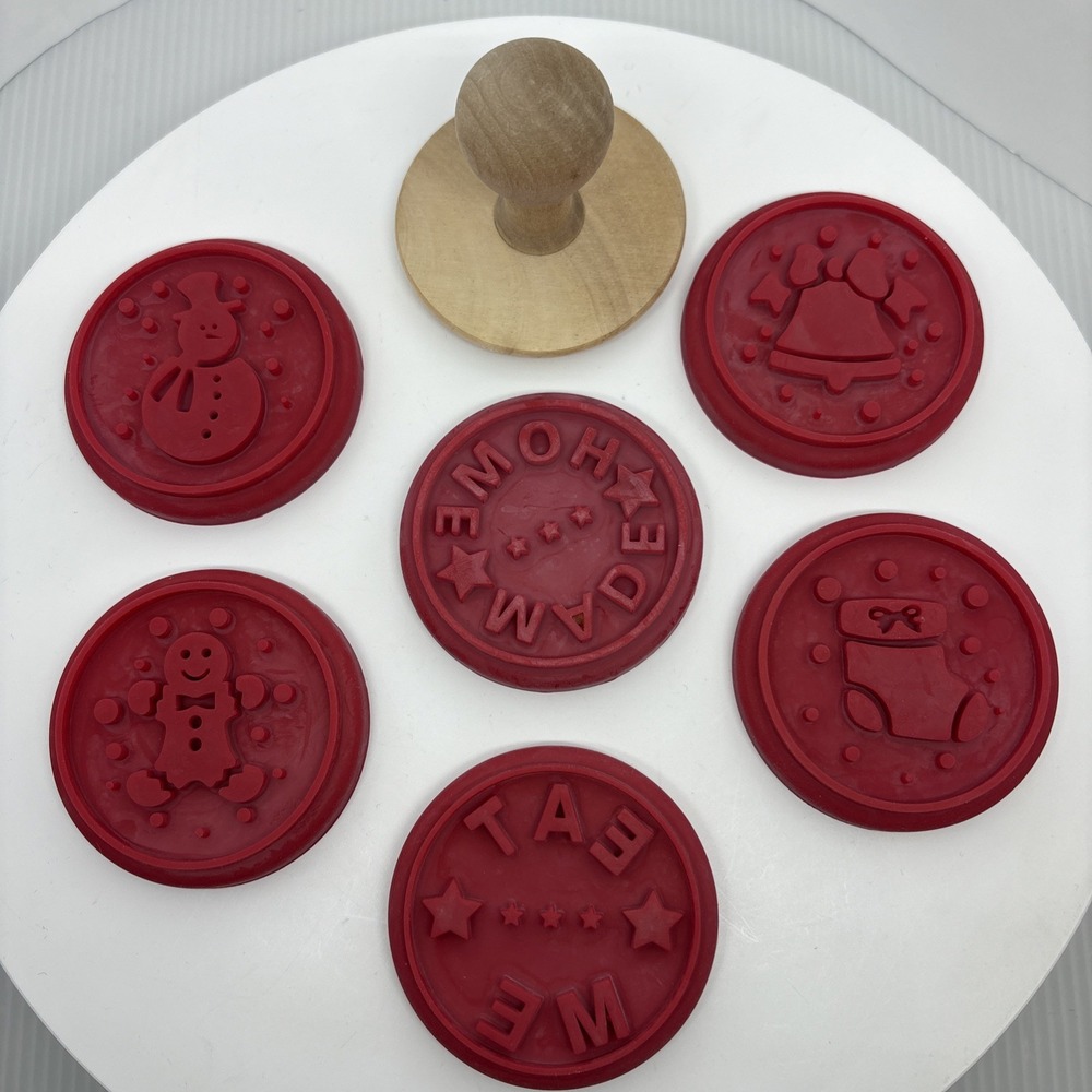 6 Wooden Rubber Silicone Stamp Cookie Press Circle Holiday‎ Home Made Christmas